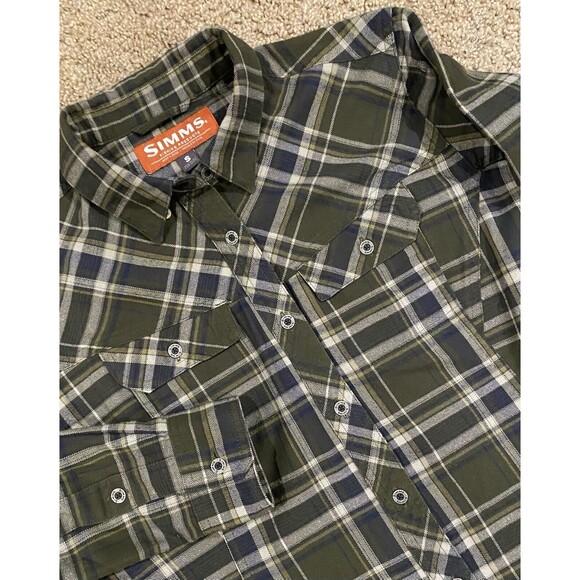 Simms Flannel Shirt Mens‎ Small Green Blue Plaid Long Sleeve Outdoor Hiking - Picture 1 of 9